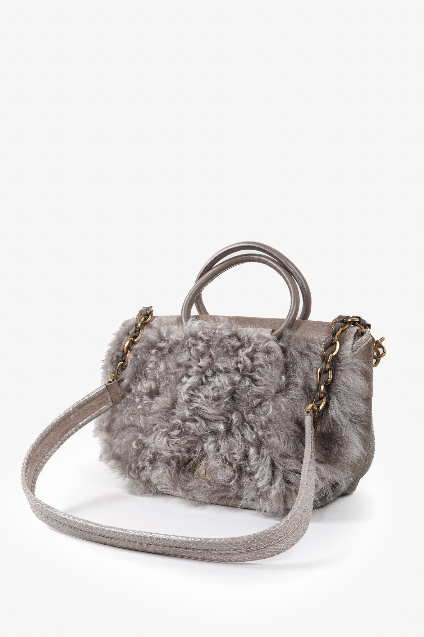 Nina Ricci Taupe Fur Watersnake Bracelet PM Shoulder Bag