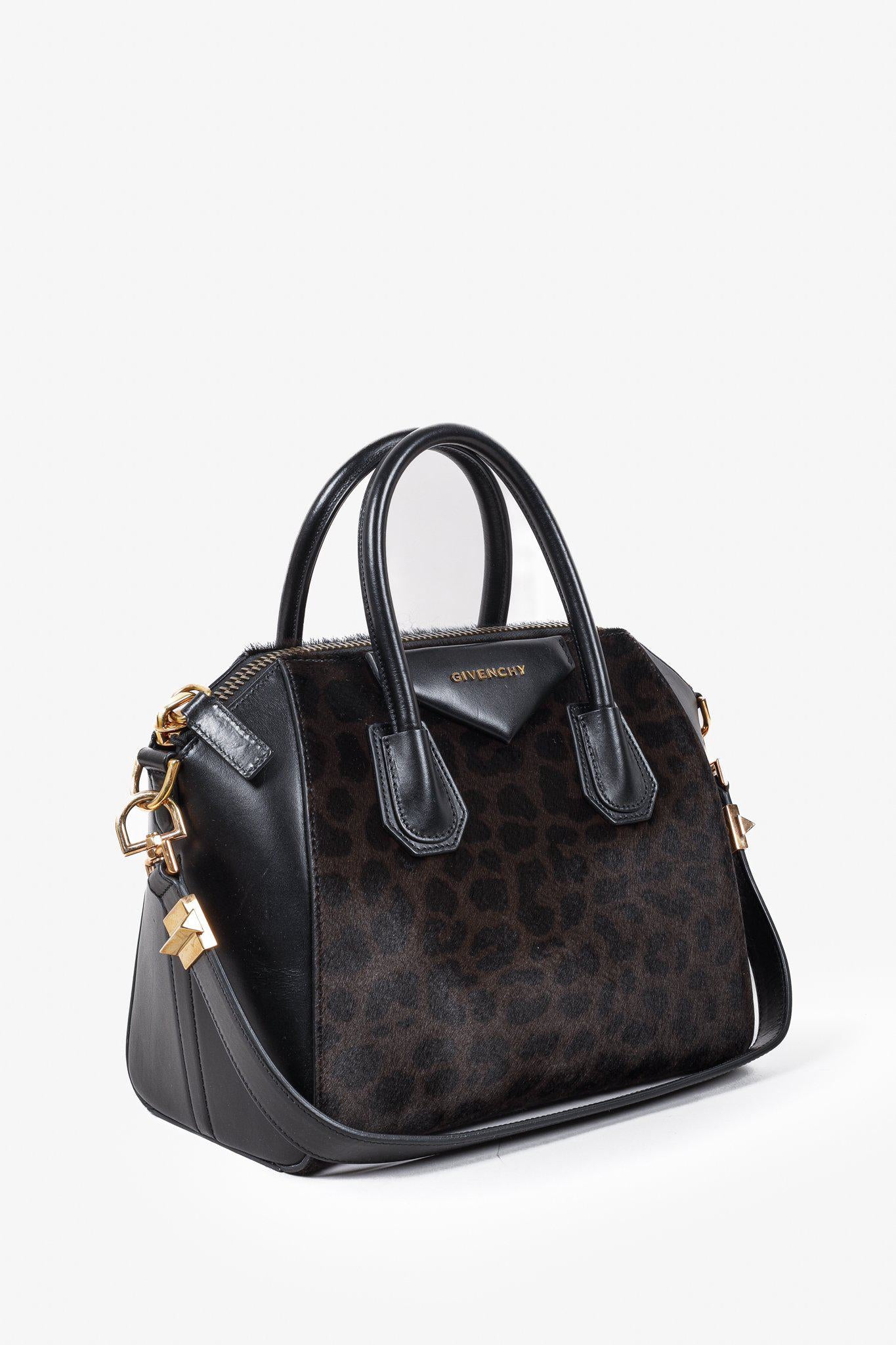 Givenchy Small Black Antigona Calf Hair Leopard Print Bag