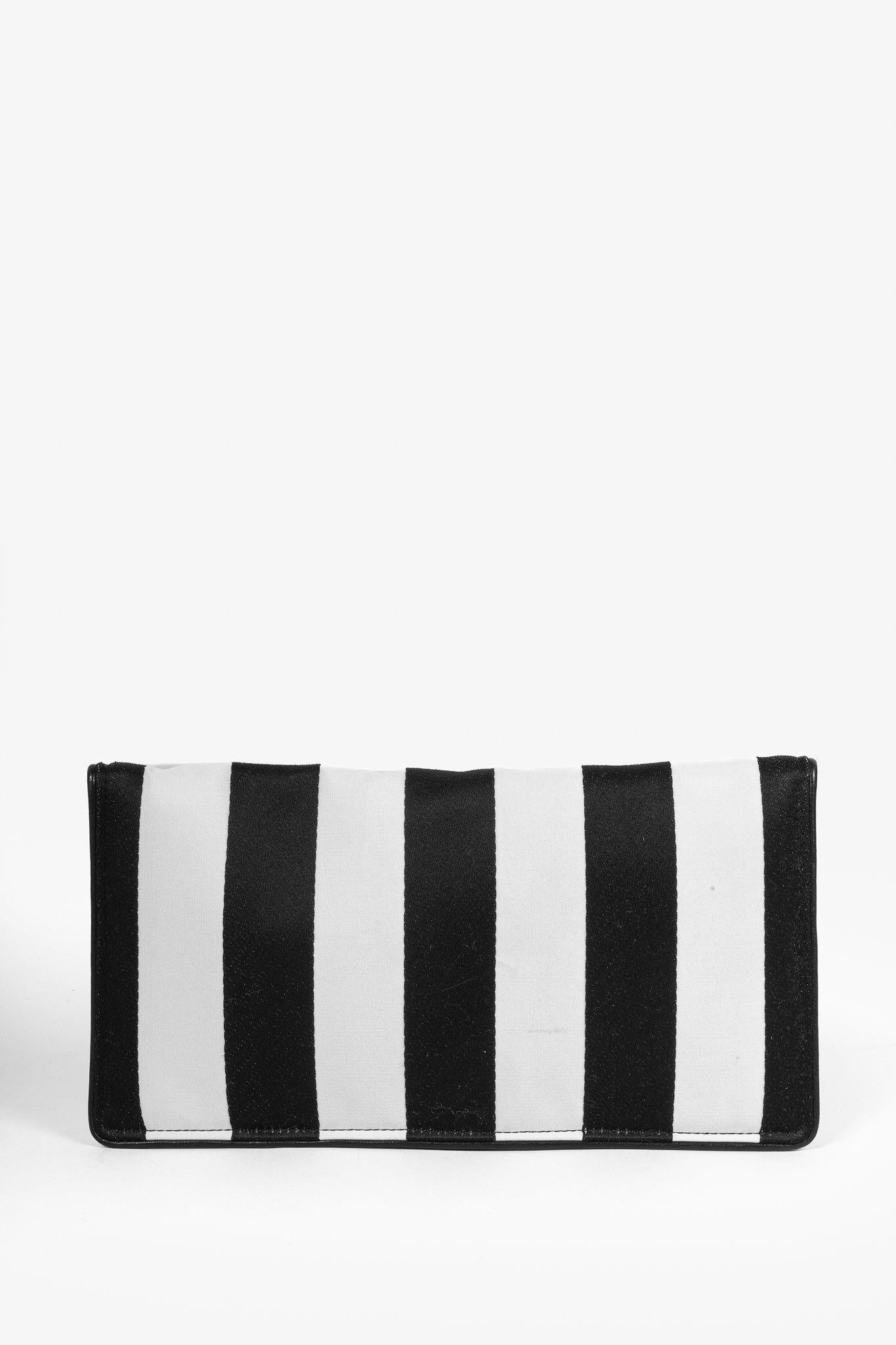 Balmain Black White Stripe Clutch Silver Tone Hardware