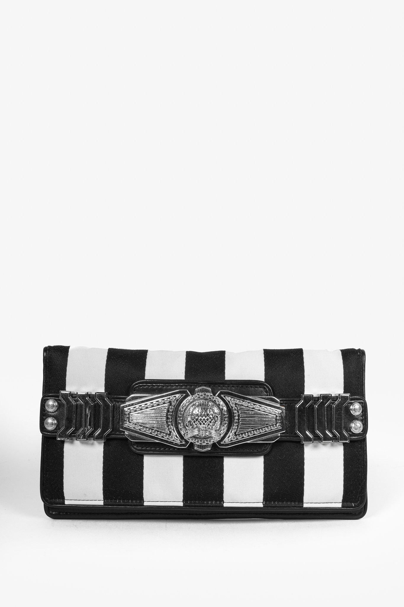 Balmain Black White Stripe Clutch Silver Tone Hardware