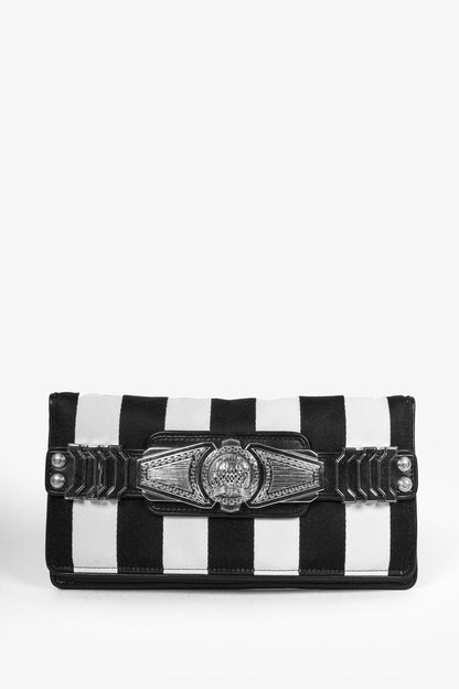 Balmain Black White Stripe Clutch Silver Tone Hardware