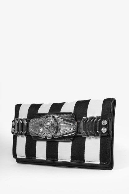 Balmain Black White Stripe Clutch Silver Tone Hardware