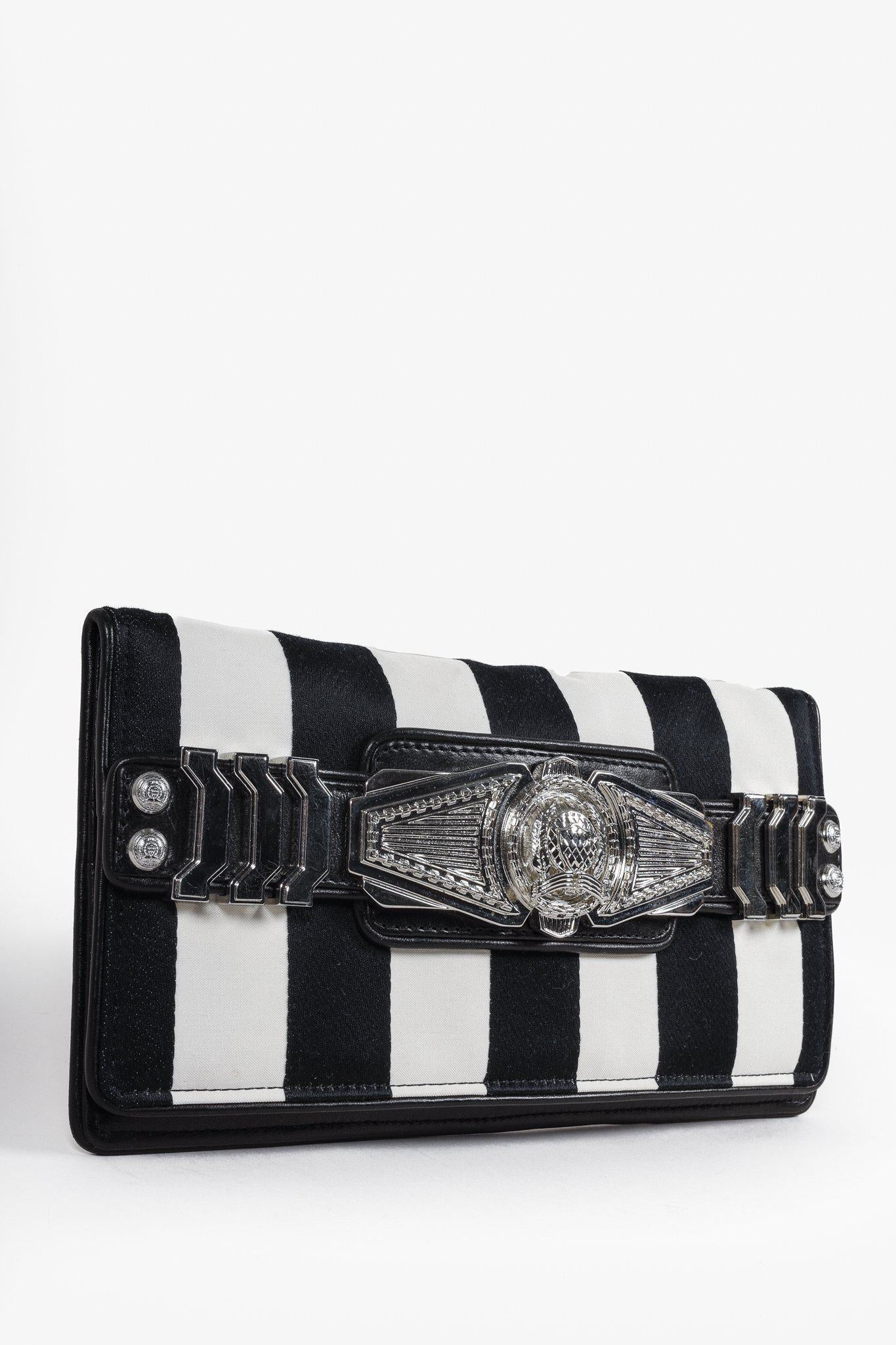 Balmain Black White Stripe Clutch Silver Tone Hardware