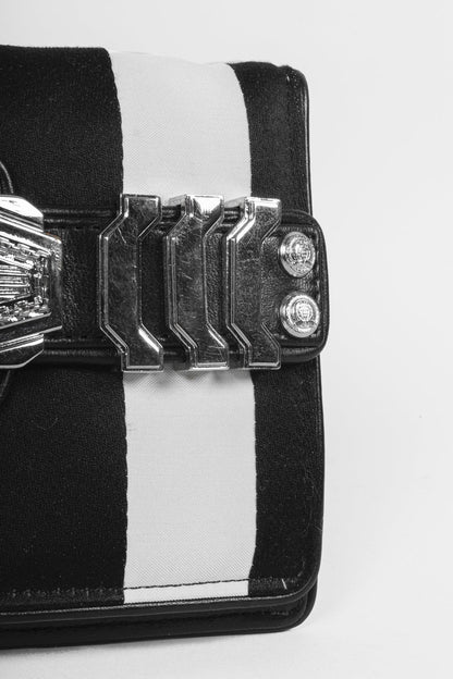 Balmain Black White Stripe Clutch Silver Tone Hardware