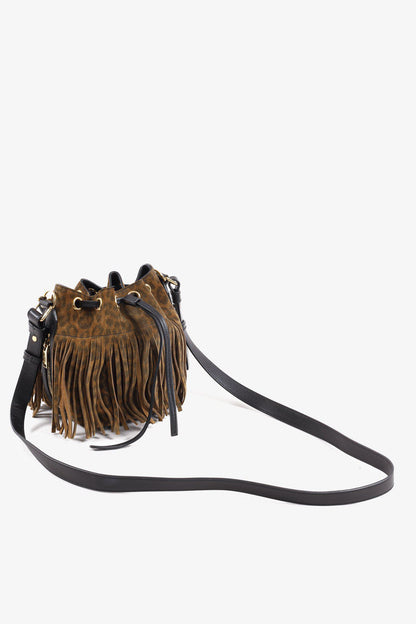 Saint Laurent Emmanuelle Suede Leopard-Print Fringe Bucket Bag