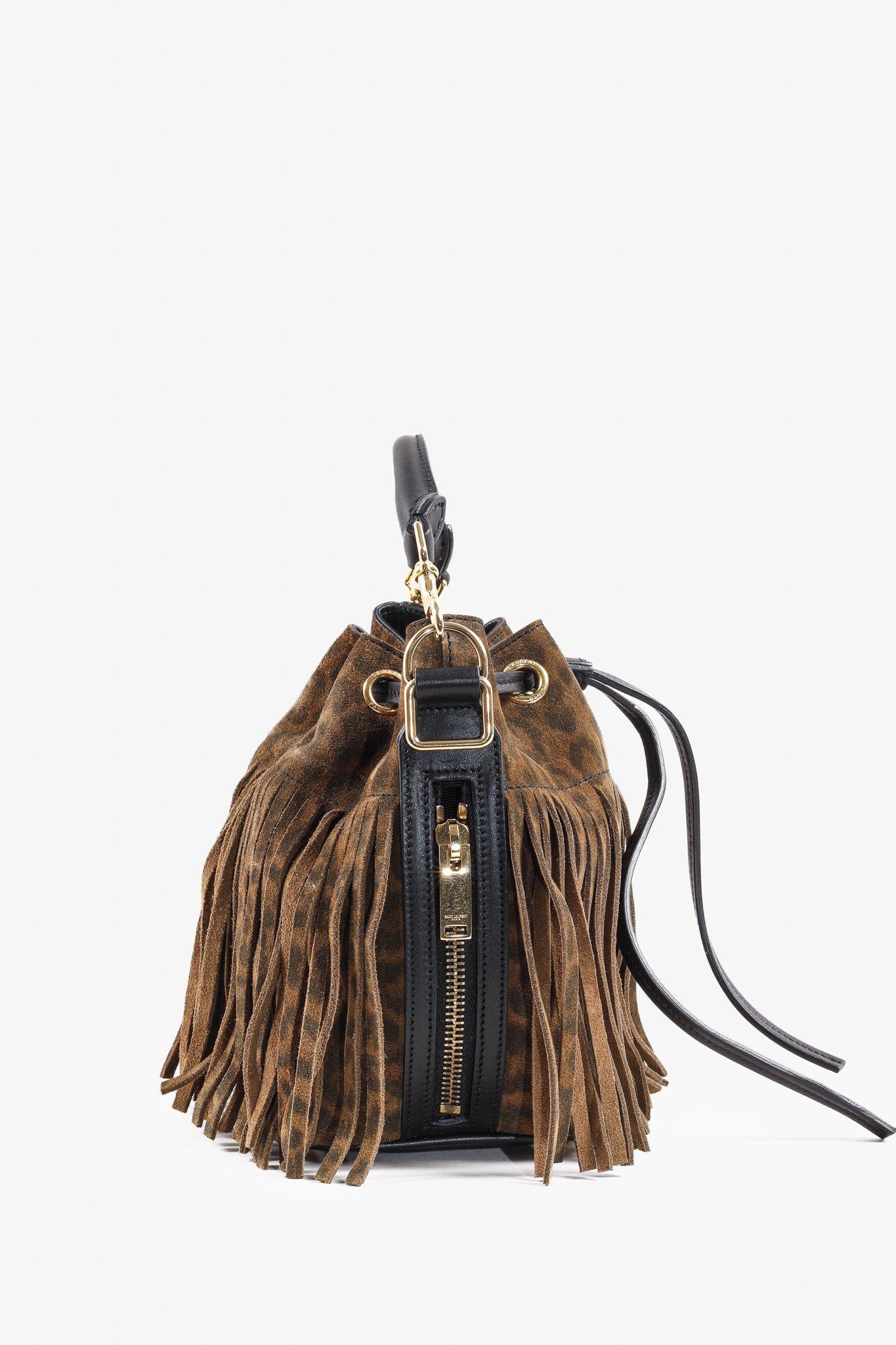 Saint Laurent Emmanuelle Suede Leopard-Print Fringe Bucket Bag