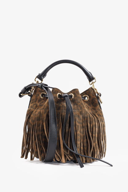 Saint Laurent Emmanuelle Suede Leopard-Print Fringe Bucket Bag