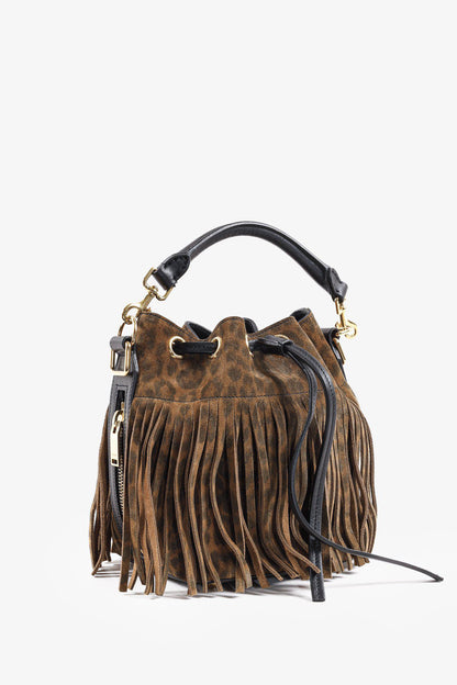 Saint Laurent Emmanuelle Suede Leopard-Print Fringe Bucket Bag