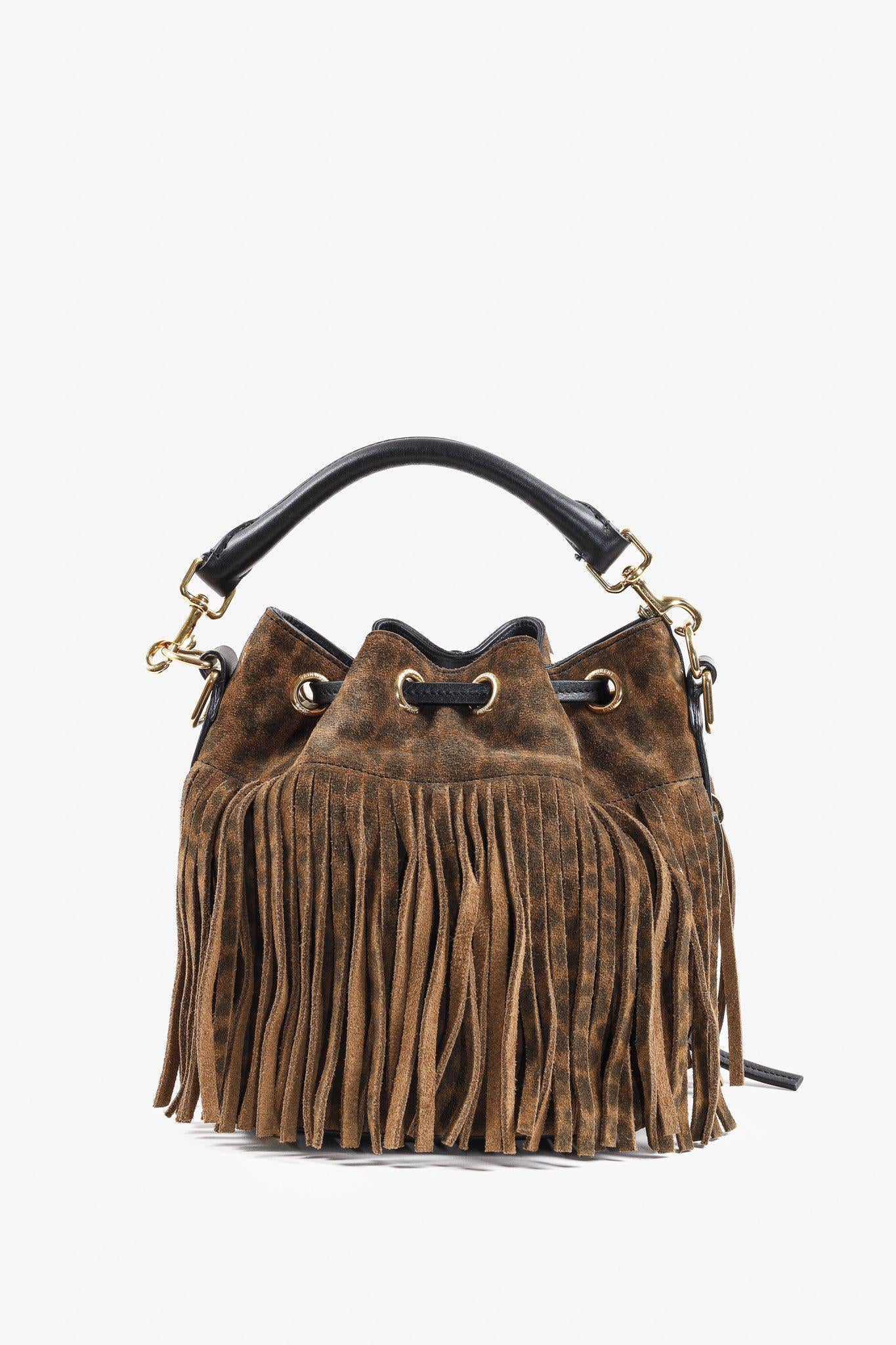 Saint Laurent Emmanuelle Suede Leopard-Print Fringe Bucket Bag