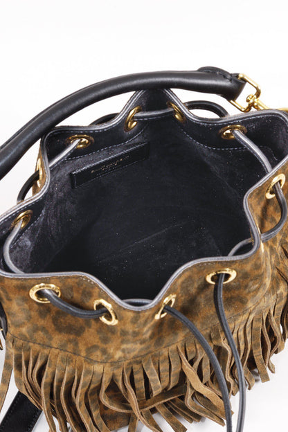 Saint Laurent Emmanuelle Suede Leopard-Print Fringe Bucket Bag