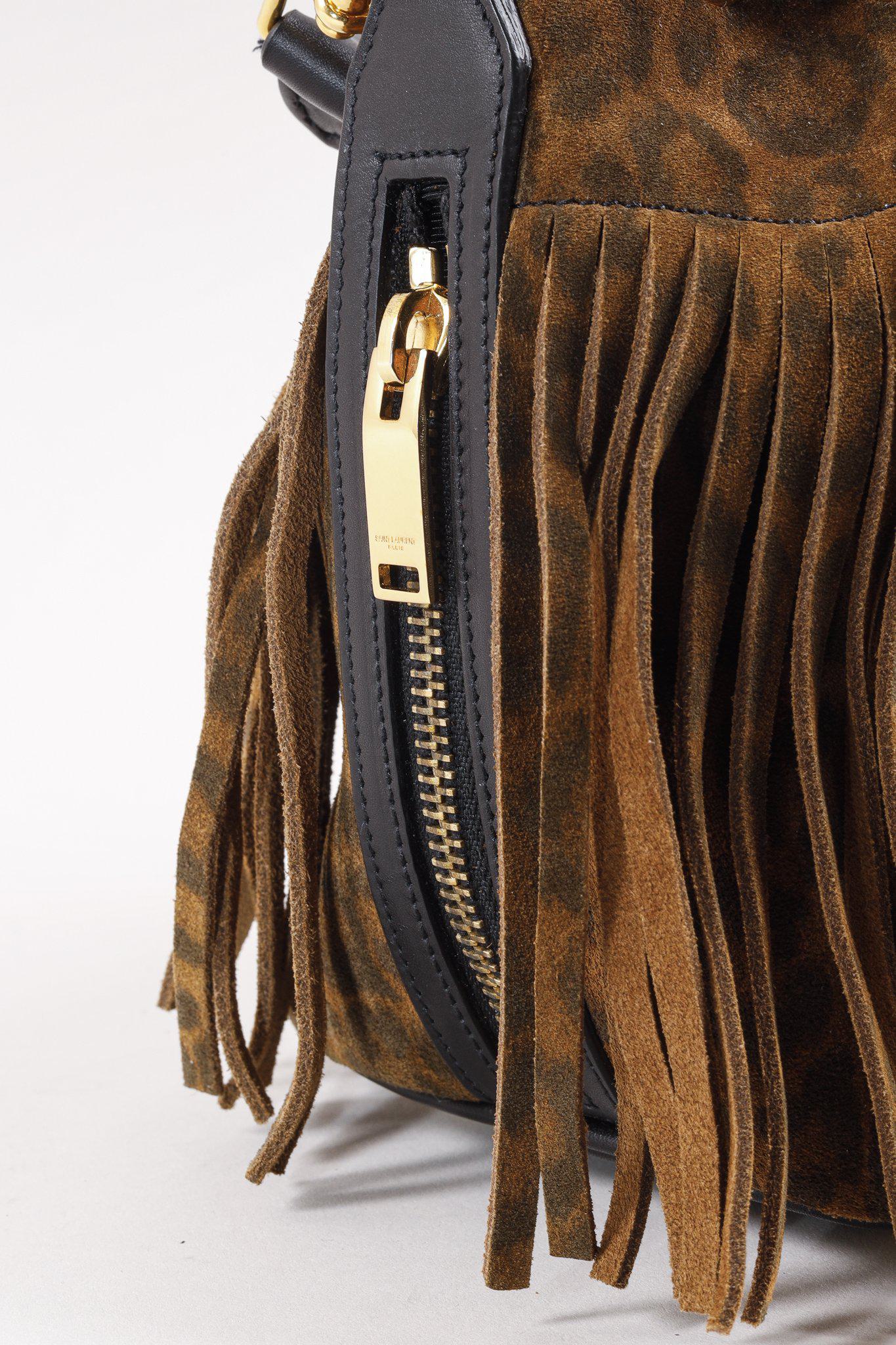 Saint Laurent Emmanuelle Suede Leopard-Print Fringe Bucket Bag